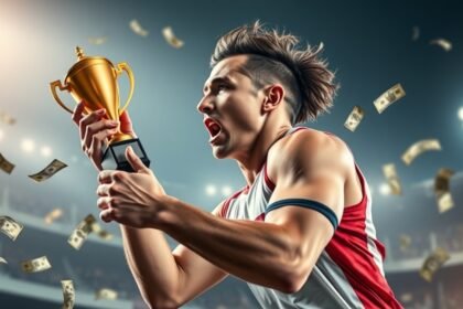 Sportoló arany kupával, háttérben pénzérmék a győzelemért.