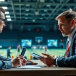 Két sportszervező beszélget egy sportesemény helyszínén.