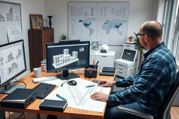 Statikus mérnök munka közben a tervezőasztalnál új projekten.