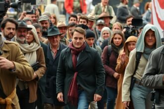 Statisták forgatáson, filmipar jelenete Magyarországon.