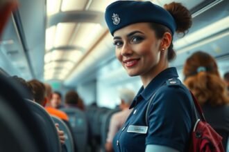 Stewardess az utasok között az utasításokra várva