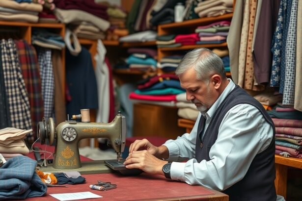 Egy szabó varrógépnél dolgozik, körülötte ruházati anyagokkal.