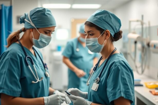 Szakápolók munka közben az egészségügyben, kék egyenruhában