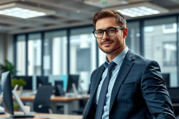 Szakmai irányító fiatal férfi az irodában