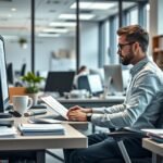 Szerkesztő munkahelyén, számítógép előtt ülve, dokumentumot nézve.