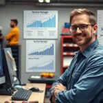 Szervizvezető munkahelye, ahol különböző grafikonok láthatók.