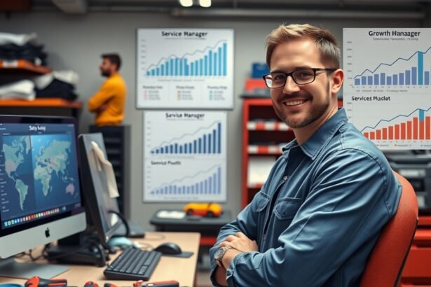 Szervizvezető munkahelye, ahol különböző grafikonok láthatók.