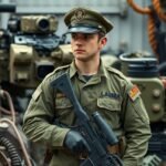 Szerződéses katona fegyverrel és katonai felszereléssel.