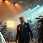 A színész a forgatáson, kamerák és stáb körében.