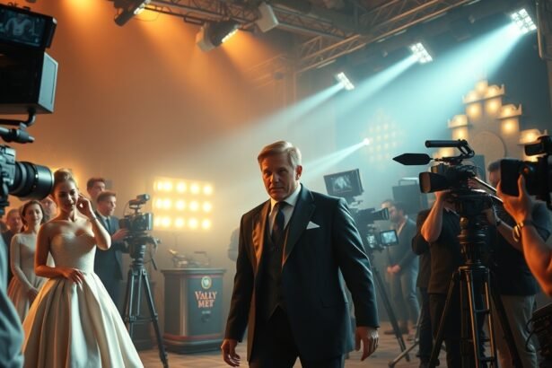 A színész a forgatáson, kamerák és stáb körében.