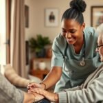 Szociális gondozó segít idősebb nőknek a gondozás során.