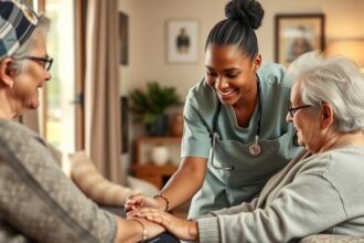 Szociális gondozó segít idősebb nőknek a gondozás során.