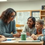 Szociálpedagógus tanít gyermekeket egy iskolai környezetben.