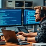 Szoftverfejlesztő munka közben, kódolás laptopon és monitoron
