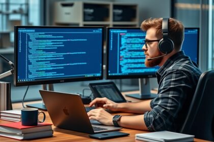 Szoftverfejlesztő munka közben, kódolás laptopon és monitoron