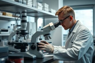 Szövettani asszisztens munkája mikroszkóp előtt