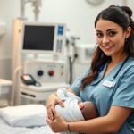 Szülésznő újszülöttel egy kórházi szobában.