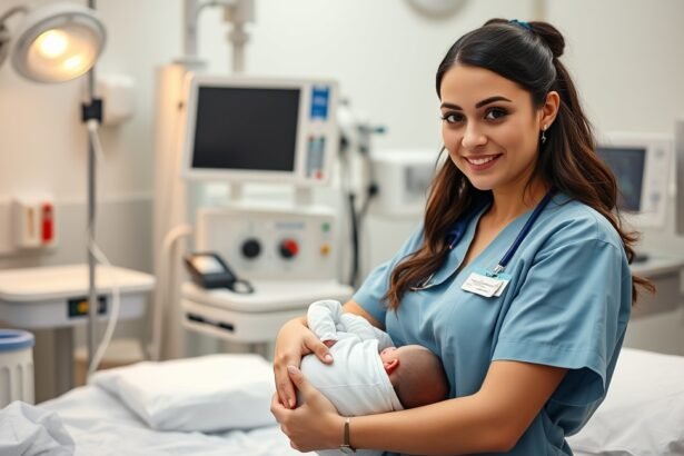 Szülésznő újszülöttel egy kórházi szobában.