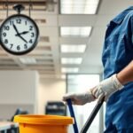Takarító munkatárs egy irodában, takarítás közben