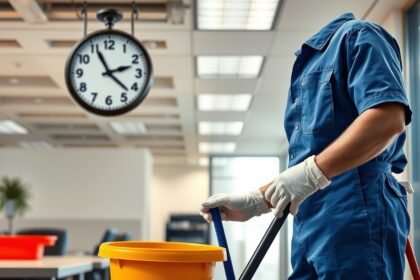 Takarító munkatárs egy irodában, takarítás közben