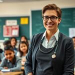 Tanár egy osztályteremben mosolyogva, diákokkal körülvéve.