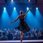 Táncos színpadon, a közönség előtt, kék fények alatt.