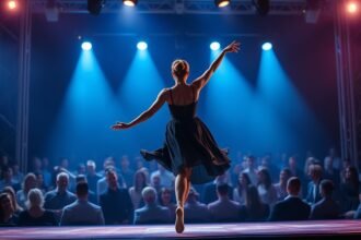 Táncos színpadon, a közönség előtt, kék fények alatt.
