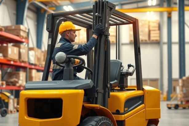 Targoncás dolgozó raktárban, sárga fejvédővel és targoncával.