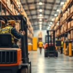 Targoncavezető dolgozik raktárban, targoncával szállít termékeket.