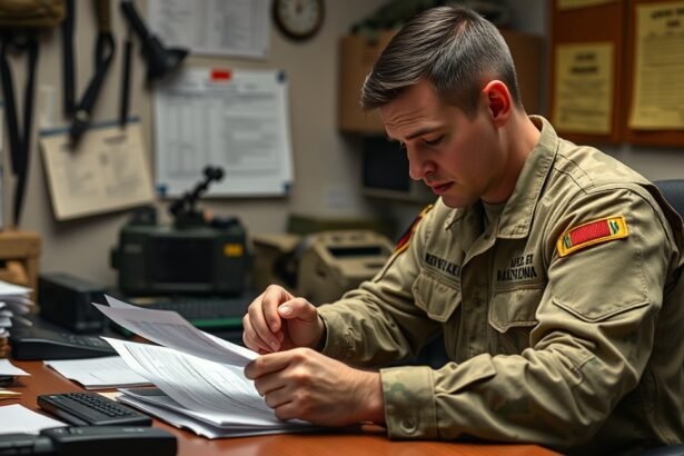 Tartalékos katona iratokat néz át az irodájában.