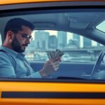 Taxis ül a vezetőülésben, pénzt számol a kezében