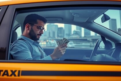 Taxis ül a vezetőülésben, pénzt számol a kezében