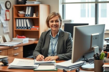 TB-ügyintéző munkakörnyezetében ülő nő mosolyogva, íróasztalon dokumentumokkal.