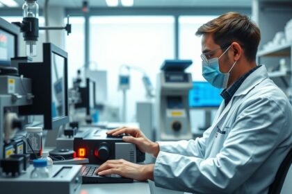 Technikus laboratóriumban dolgozik számítógép előtt maszkban.
