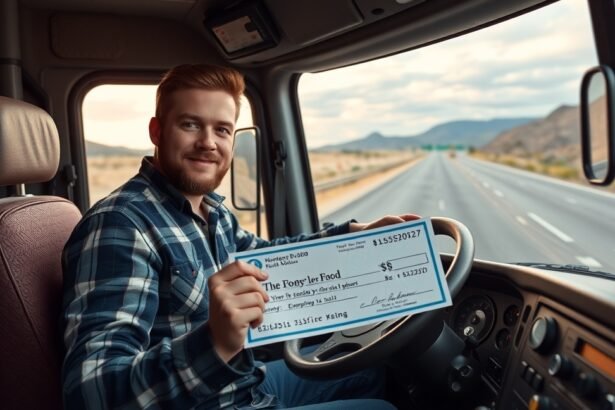 Teherautó-sofőr, aki egy csekket tart a kezében a vezetőfülkében.