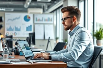 Termékmenedzser dolgozik egy modern irodában, laptopon adatokat elemezve.