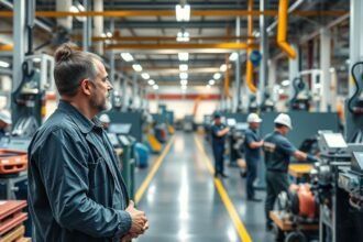 Termelésvezető az ipari üzem közepén, figyelemmel kíséri a munkát.