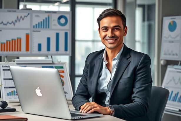 Fiatal területi képviselő, aki laptop előtt ül és mosolyog.