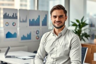 Férfi területi vezető munkahelyi környezetben, háttérben grafikonokkal.