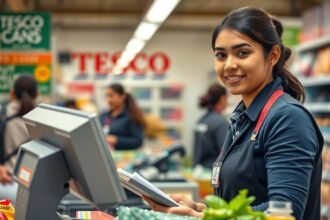 Tesco pénztáros munka közben az üzletben