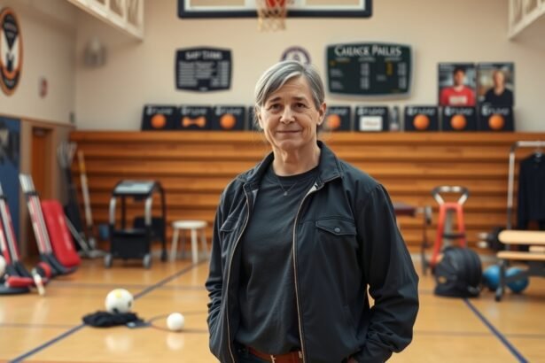 Testnevelő tanár egy iskolai tornateremben, sporteszközökkel.