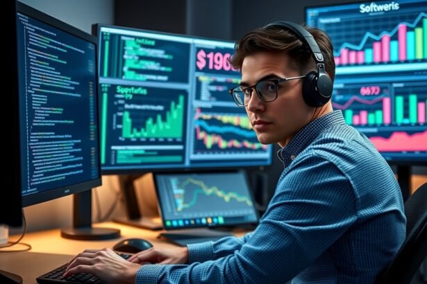 Tesztelő monitorok előtt ülve, kódot írva, figyelmesen dolgozik.