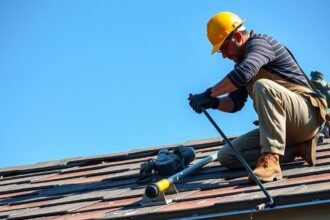 Tetőfedő munkát végez egy ház tetején napsütésben.