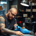 Tetováló munkában, a tetoválás művészete és stúdió környezete.