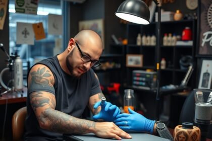 Tetováló munkában, a tetoválás művészete és stúdió környezete.