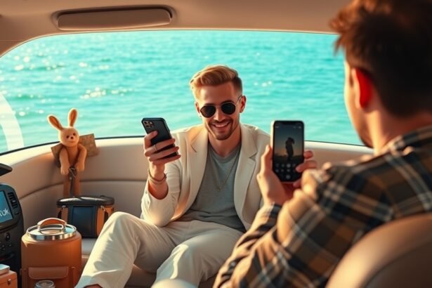 TikTok készítők interakciója a víz partján, telefonokkal a kezükben.