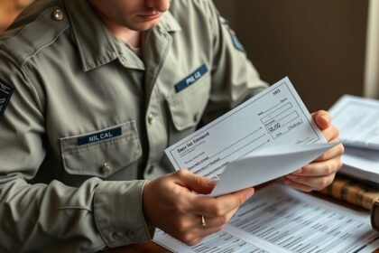 Tiszt a jövedelmét vizsgálja, dokumentumokat nézeget