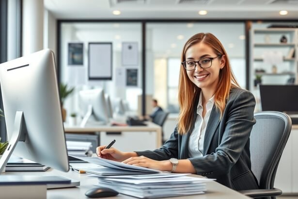 Egy mosolygó titkárnő írás közben egy modern irodában.