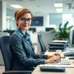 Titkárnő dolgozik az irodában modern környezetben.