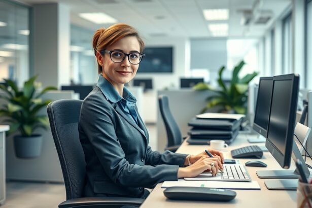 Titkárnő dolgozik az irodában modern környezetben.